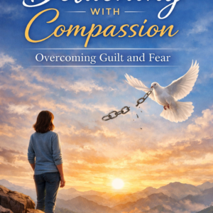 Book cover titled “Detaching with Compassion: Overcoming Guilt and Fear” by Louise Blount featuring a woman watching a dove break free from a chain over a peaceful sunset landscape.