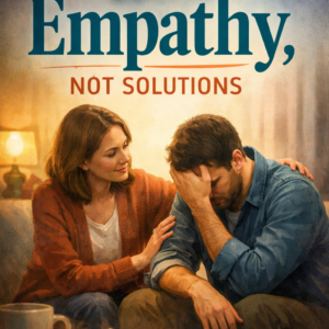 A warm-toned book cover titled “Give Empathy, Not Solutions” by Louise Blount, featuring a compassionate woman comforting a distressed man sitting on a couch, with soft lighting and a supportive atmosphere.