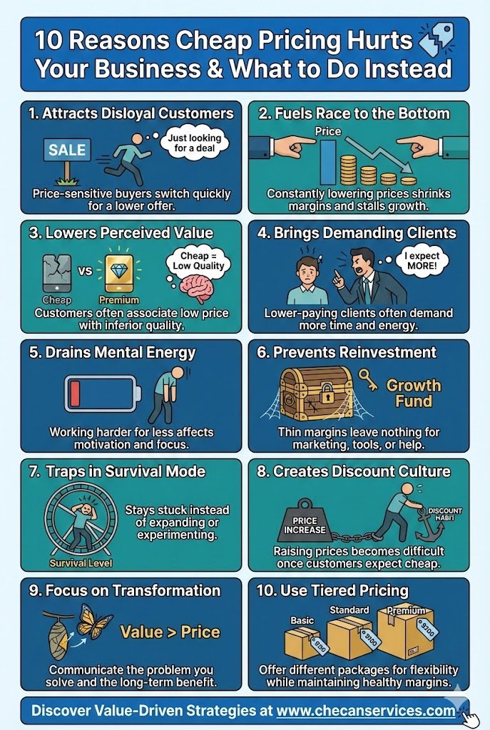 Infographic titled “10 Reasons Cheap Pricing Hurts Your Business & What to Do Instead” outlining risks like low perceived value, shrinking margins, demanding clients, discount culture, and recommending value-based and tiered pricing strategies.