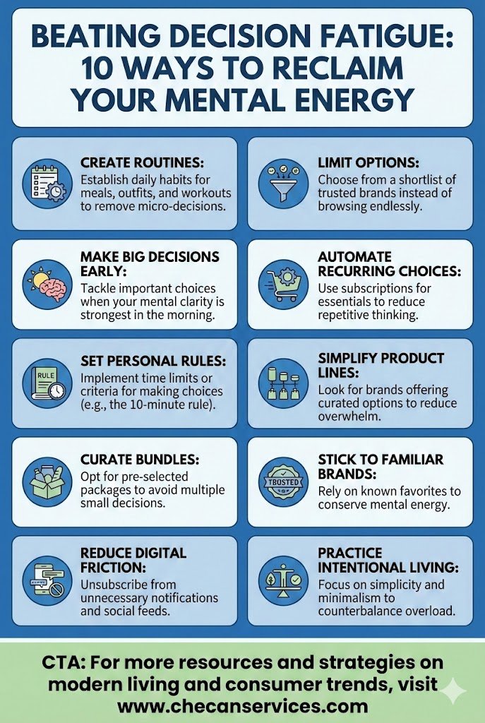 Infographic titled “Beating Decision Fatigue: 10 Ways to Reclaim Your Mental Energy” outlining practical strategies like creating routines, limiting options, automating choices, and reducing digital distractions.