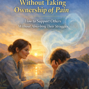 A serene illustrated book cover showing a woman calmly listening to a distressed person by a lakeside at sunset, with soft mountains in the background. A gentle mist shaped like a heart rises between them, symbolizing empathy without emotional absorption. The title “Learn to Listen Without Taking Ownership of Pain” appears at the top, and the author name, Louise Blount, is displayed at the bottom.
