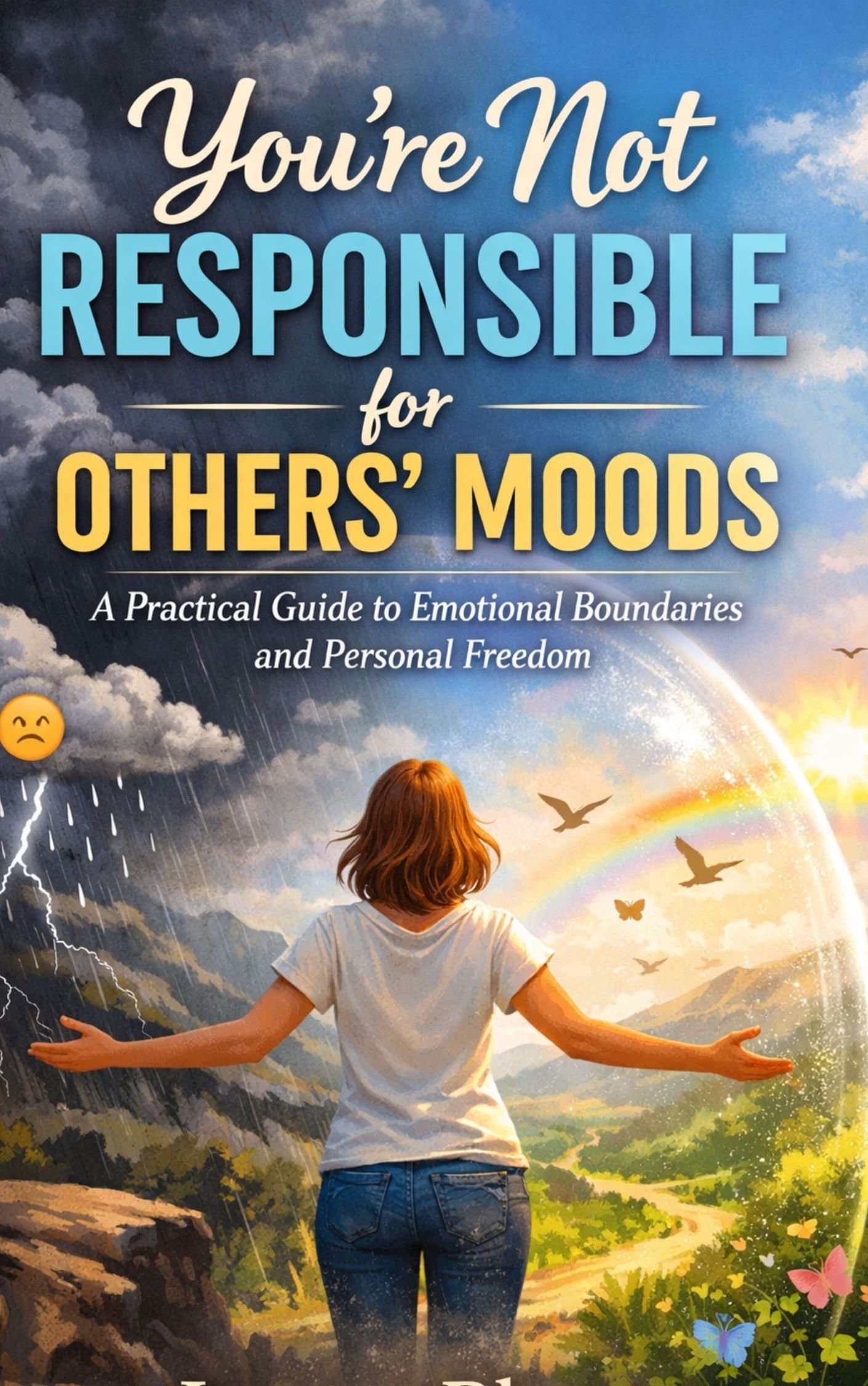Book cover titled “You’re Not Responsible for Others’ Moods” featuring a woman standing between a storm and sunshine, symbolizing emotional boundaries and personal growth.
