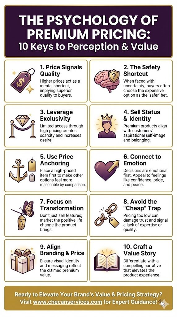 Infographic titled “The Psychology of Premium Pricing: 10 Keys to Perception & Value” explaining strategies like price anchoring, exclusivity, emotional appeal, branding alignment, and avoiding the cheap pricing trap.