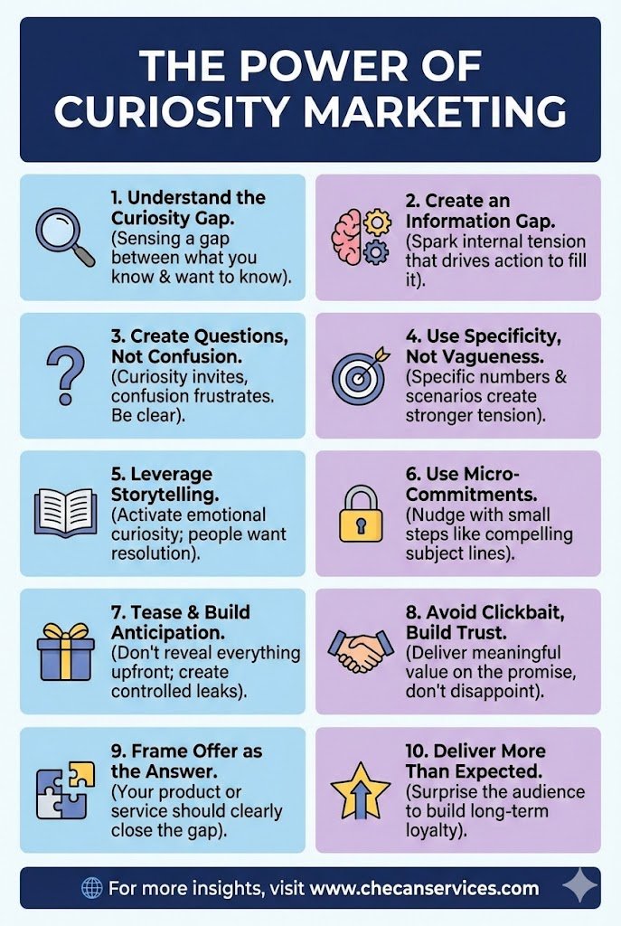Infographic titled “The Power of Curiosity Marketing” outlining 10 strategies such as creating an information gap, leveraging storytelling, using specificity, and avoiding clickbait to build trust and engagement.