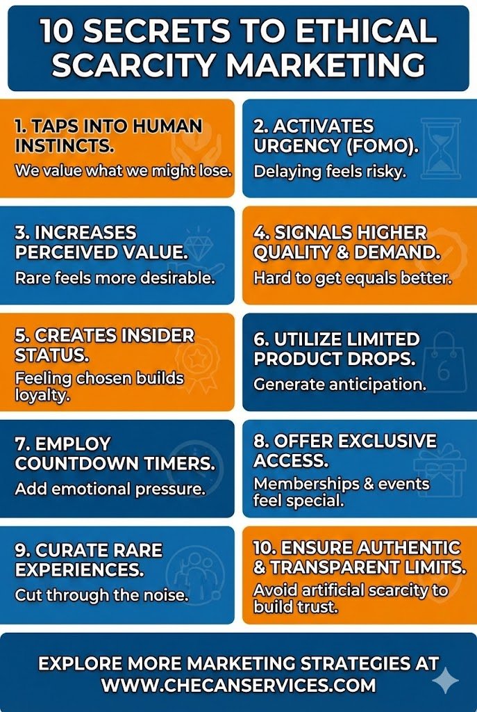 Infographic titled “10 Secrets to Ethical Scarcity Marketing” listing strategies like urgency, limited product drops, countdown timers, exclusive access, and authentic transparent limits.