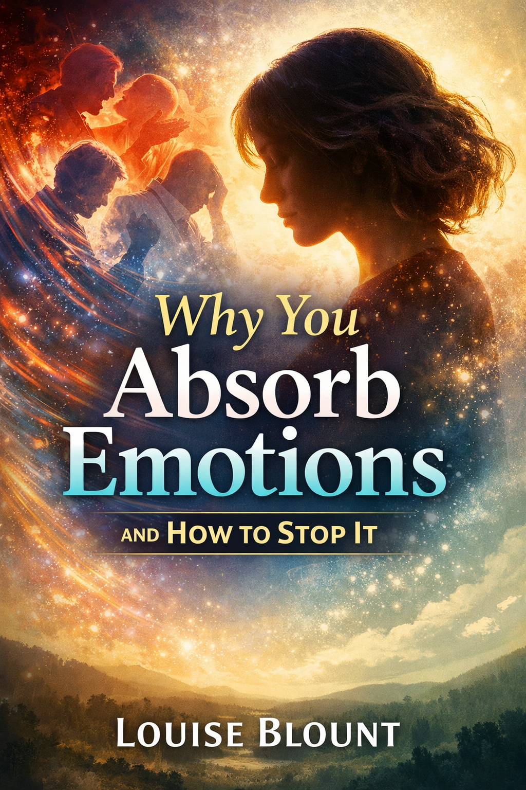 Book cover featuring a glowing female silhouette surrounded by swirling emotional energy and light, symbolizing empathy and emotional absorption, with the title “Why You Absorb Emotions and How to Stop It” and the author name Louise Blount at the bottom.