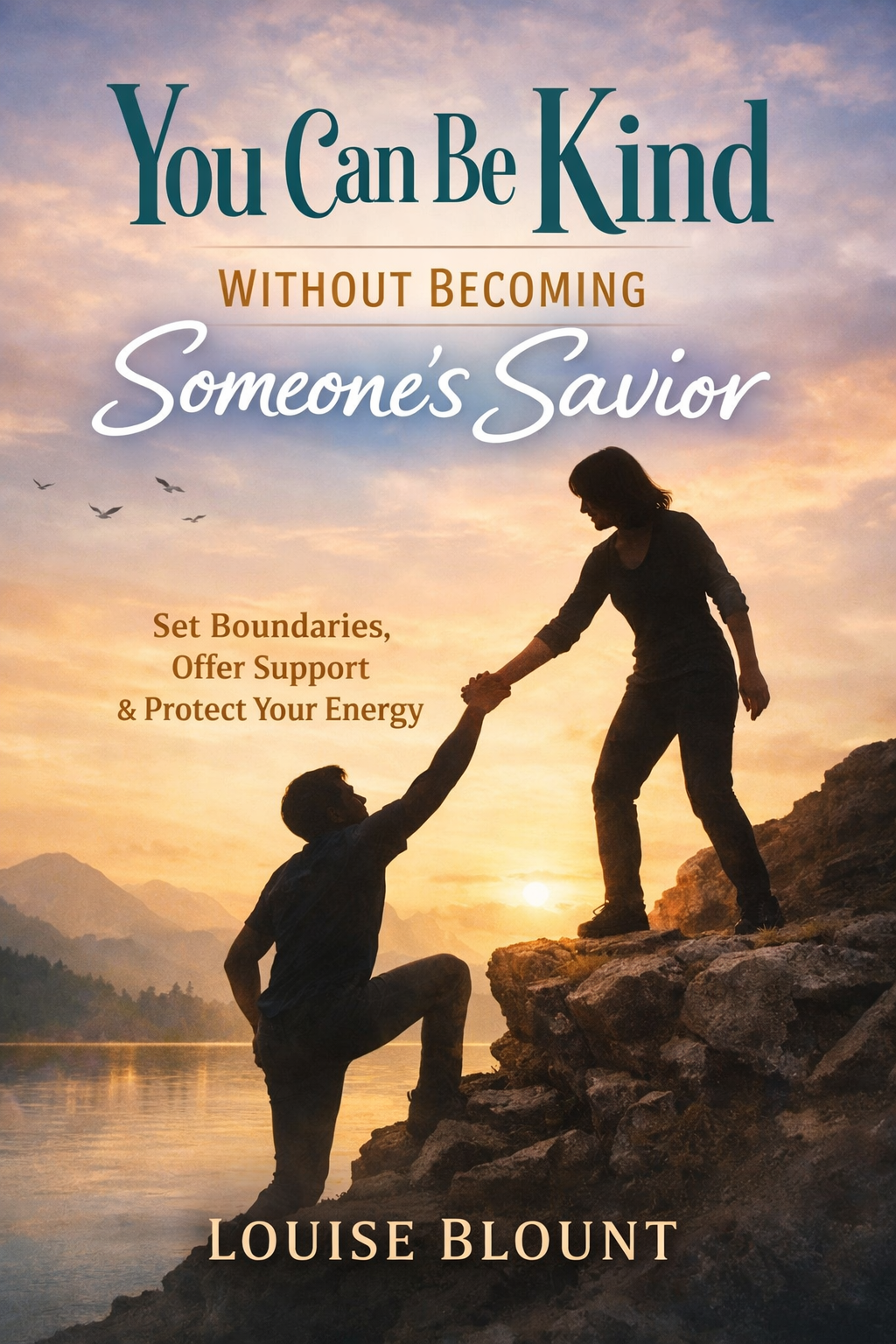 A silhouetted woman stands on a rocky cliff at sunset, reaching down to help a man climb up beside a peaceful lake and mountain landscape. The book title “You Can Be Kind Without Becoming Someone’s Savior” and the author name “Louise Blount” appear prominently on the cover.