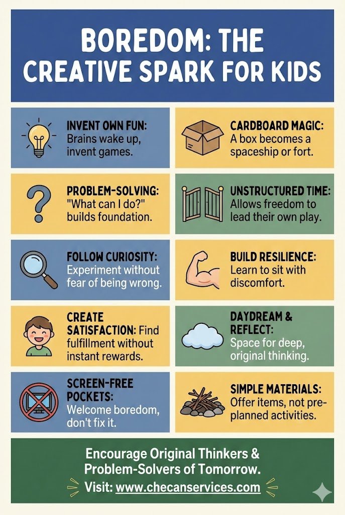 Infographic showing how boredom helps kids build creativity, problem-solving, resilience, curiosity, and independent thinking.