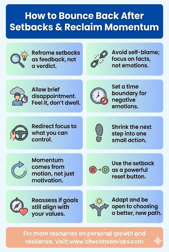 Infographic titled “How to Bounce Back After Setbacks & Reclaim Momentum” featuring ten practical resilience strategies, including reframing setbacks, avoiding self-blame, focusing on controllables, taking small actions, and adapting goals.