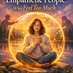 A serene woman sits cross-legged on a rock by a glowing lake at sunset, surrounded by a golden protective aura, symbolizing emotional boundaries and inner peace, with silhouettes of others in the background and the title “Boundaries for Empathetic People Who Feel Too Much” by Louise Blount displayed above.