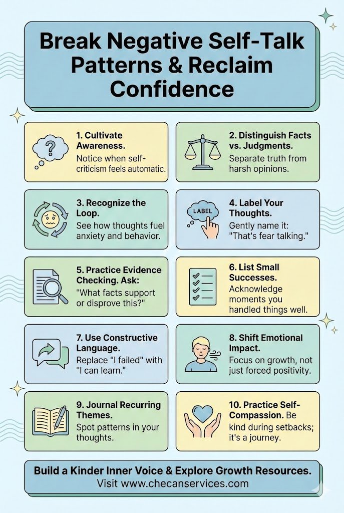 Infographic showing 10 steps to break negative self-talk patterns and reclaim confidence, including awareness, evidence checking, self-compassion, and constructive language.
