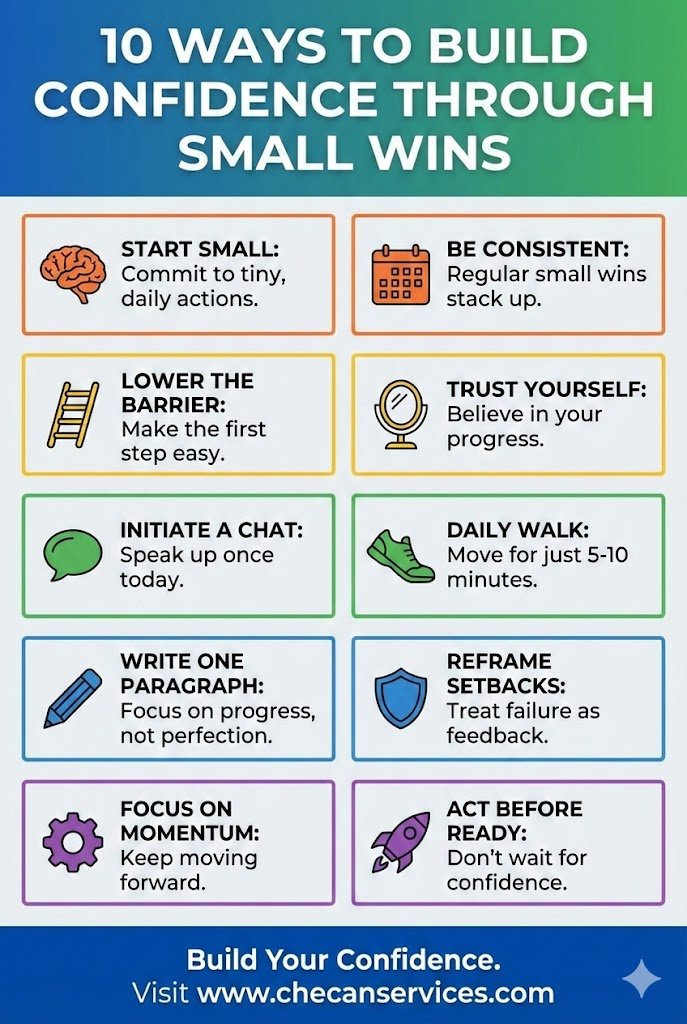 Infographic titled “10 Ways to Build Confidence Through Small Wins” showing simple daily actions like starting small, being consistent, trusting yourself, taking a daily walk, reframing setbacks, and acting before you feel ready.