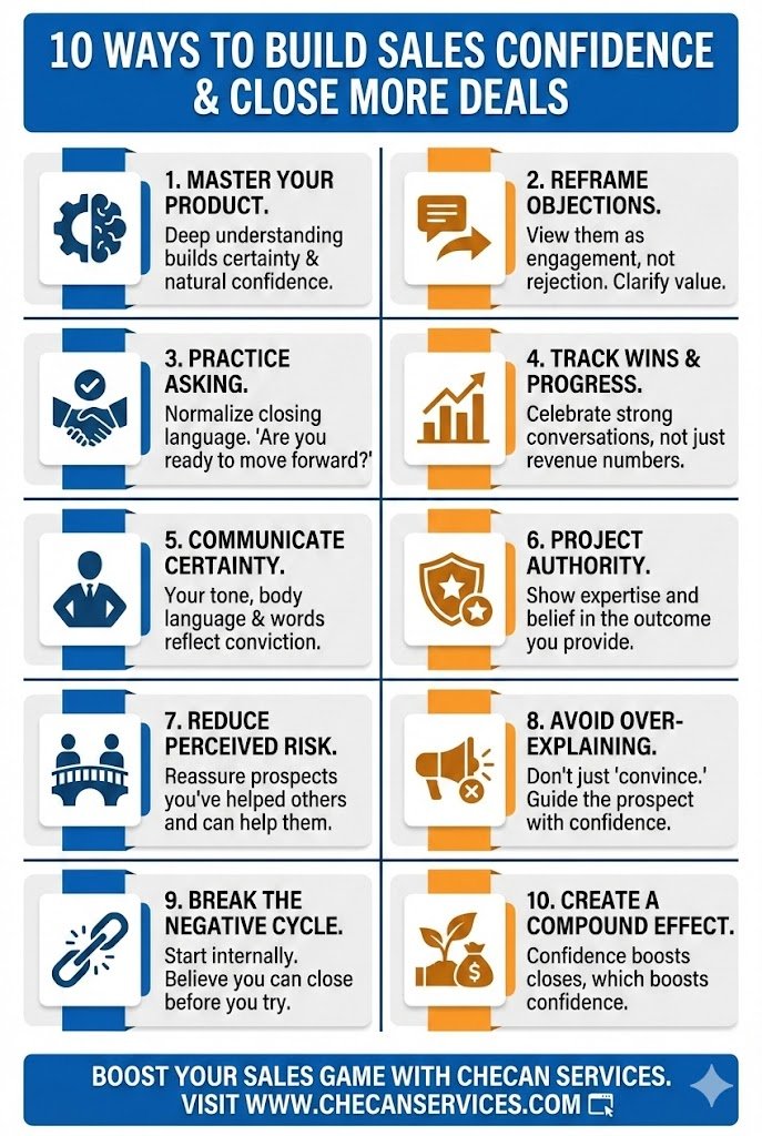 Infographic titled “10 Ways to Build Sales Confidence & Close More Deals” listing practical sales tips such as mastering your product, reframing objections, practicing asking for the sale, tracking progress, and projecting authority.