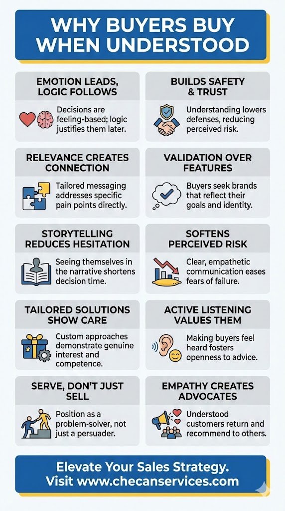 Infographic explaining why buyers purchase when they feel understood, highlighting emotion-driven decisions, trust-building, storytelling, empathy, and tailored sales strategies.