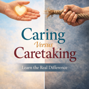 Book cover for Caring Versus Caretaking: Learn the Real Difference by Louise Blount, featuring a split background—an open hand holding a glowing heart on a light blue side and a hand gripping a frayed rope on a darker side, symbolizing healthy caring versus over-responsibility.