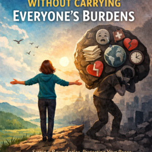 Book cover titled “How to Care Without Carrying Everyone’s Burdens” by Louise Blount, showing a woman standing freely while another figure carries a heavy rock filled with emotional and life stress symbols.