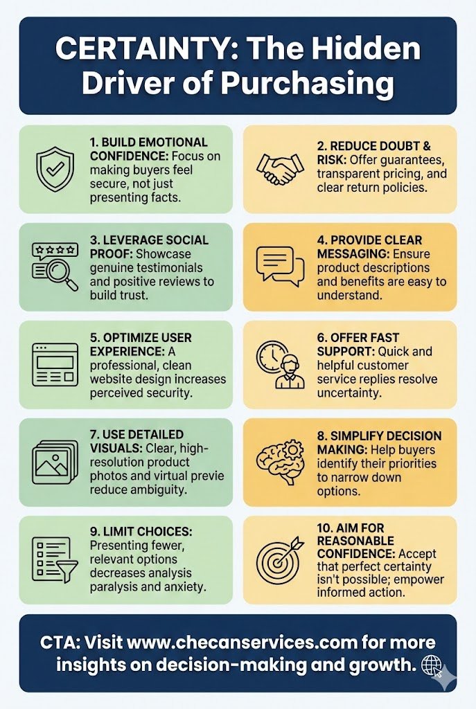 Infographic titled “Certainty: The Hidden Driver of Purchasing” outlining 10 strategies to build buyer confidence, reduce risk, leverage social proof, improve user experience, and simplify decision-making for business growth.