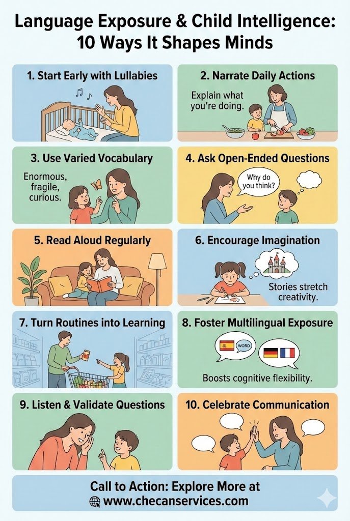 Infographic titled “Language Exposure & Child Intelligence” showing 10 ways language use supports cognitive, communication, and creative development in children.