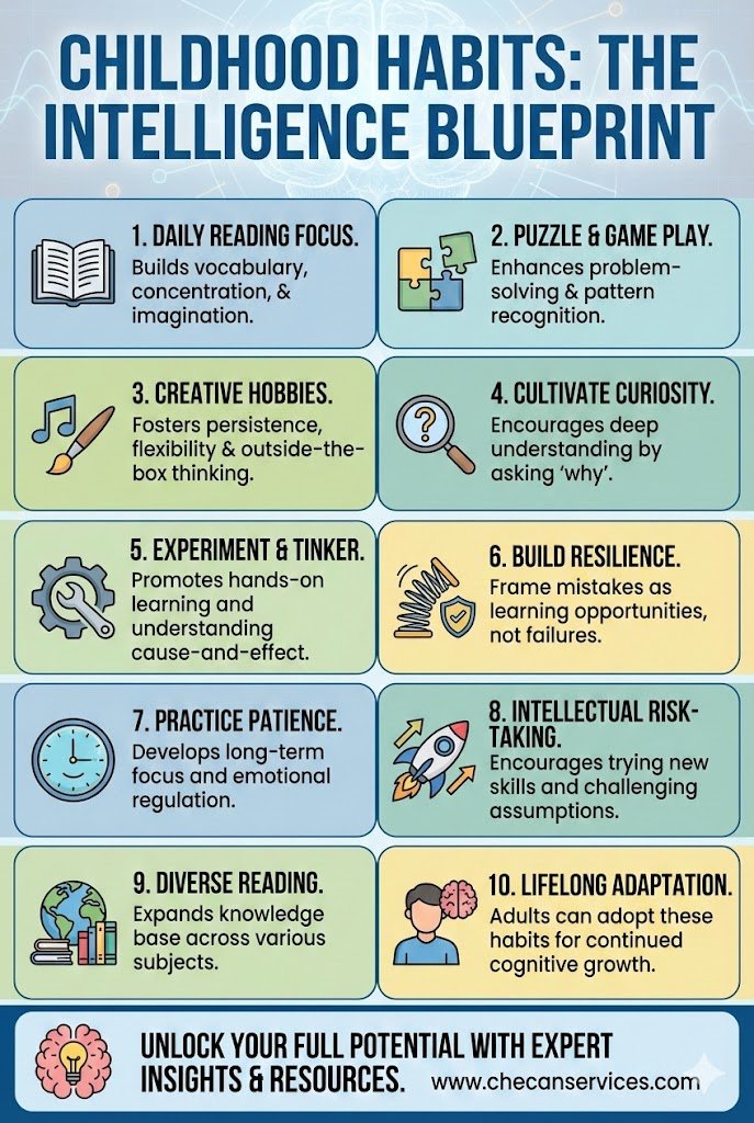 Infographic titled “Childhood Habits: The Intelligence Blueprint” showing 10 habits such as daily reading, puzzle play, curiosity, resilience, patience, creativity, and lifelong learning.