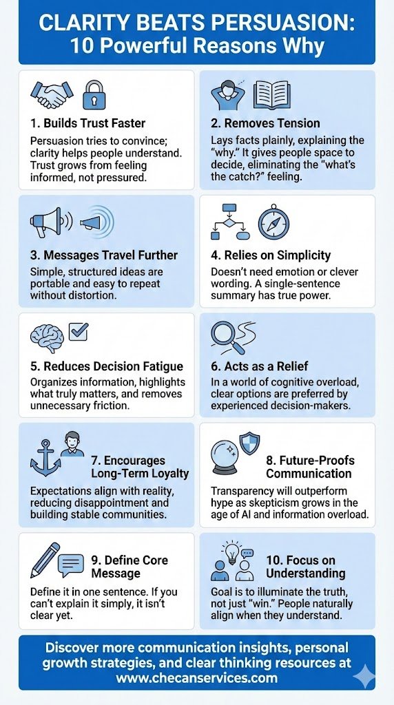 Infographic titled “Clarity Beats Persuasion: 10 Powerful Reasons Why” listing ten benefits of clear communication, including building trust, reducing tension, simplifying messages, and encouraging long-term loyalty.