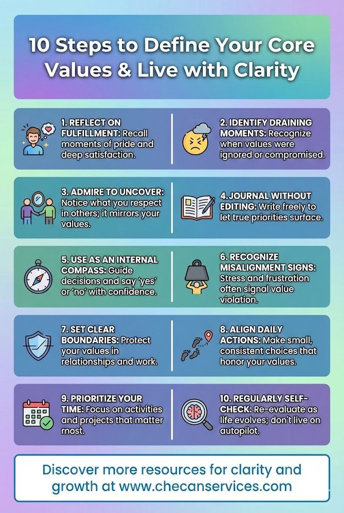 Infographic titled “10 Steps to Define Your Core Values & Live with Clarity” outlining reflection, journaling, boundaries, alignment, and regular self-checks with calming icons and gradient colors.