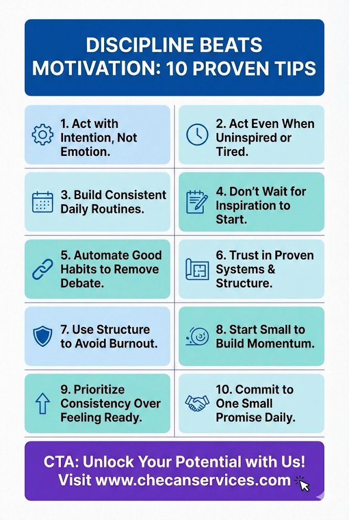 Infographic titled “Discipline Beats Motivation” listing 10 proven tips for building consistency, habits, and momentum through structure and daily discipline.