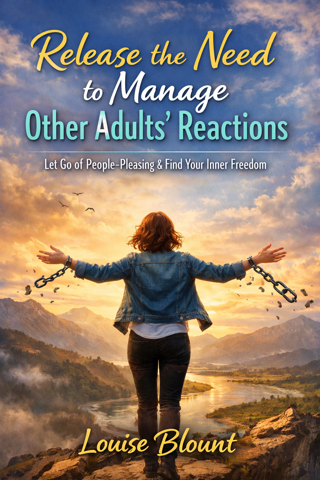 Book cover titled “Release the Need to Manage Other Adults’ Reactions” by Louise Blount, featuring a woman breaking chains on a mountain overlook at sunrise symbolizing freedom from people-pleasing.