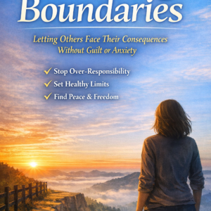 Book cover titled "Embracing Boundaries: Letting Others Face Their Consequences Without Guilt or Anxiety" by Louise Blount featuring a woman overlooking a mountain sunrise from a cliff.