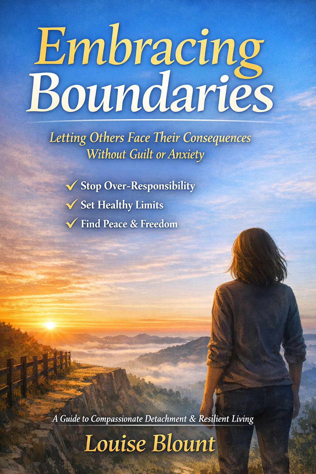 Book cover titled "Embracing Boundaries: Letting Others Face Their Consequences Without Guilt or Anxiety" by Louise Blount featuring a woman overlooking a mountain sunrise from a cliff.