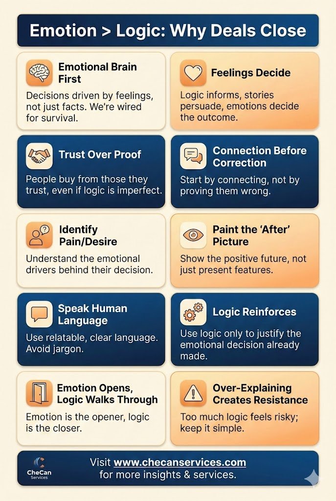Infographic showing why emotion outweighs logic in sales, explaining how feelings, trust, and connection close deals.