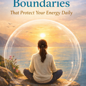 A peaceful self-help book cover showing a woman sitting cross-legged on a cliff at sunset overlooking the ocean, surrounded by a glowing protective sphere, symbolizing emotional boundaries and inner calm.