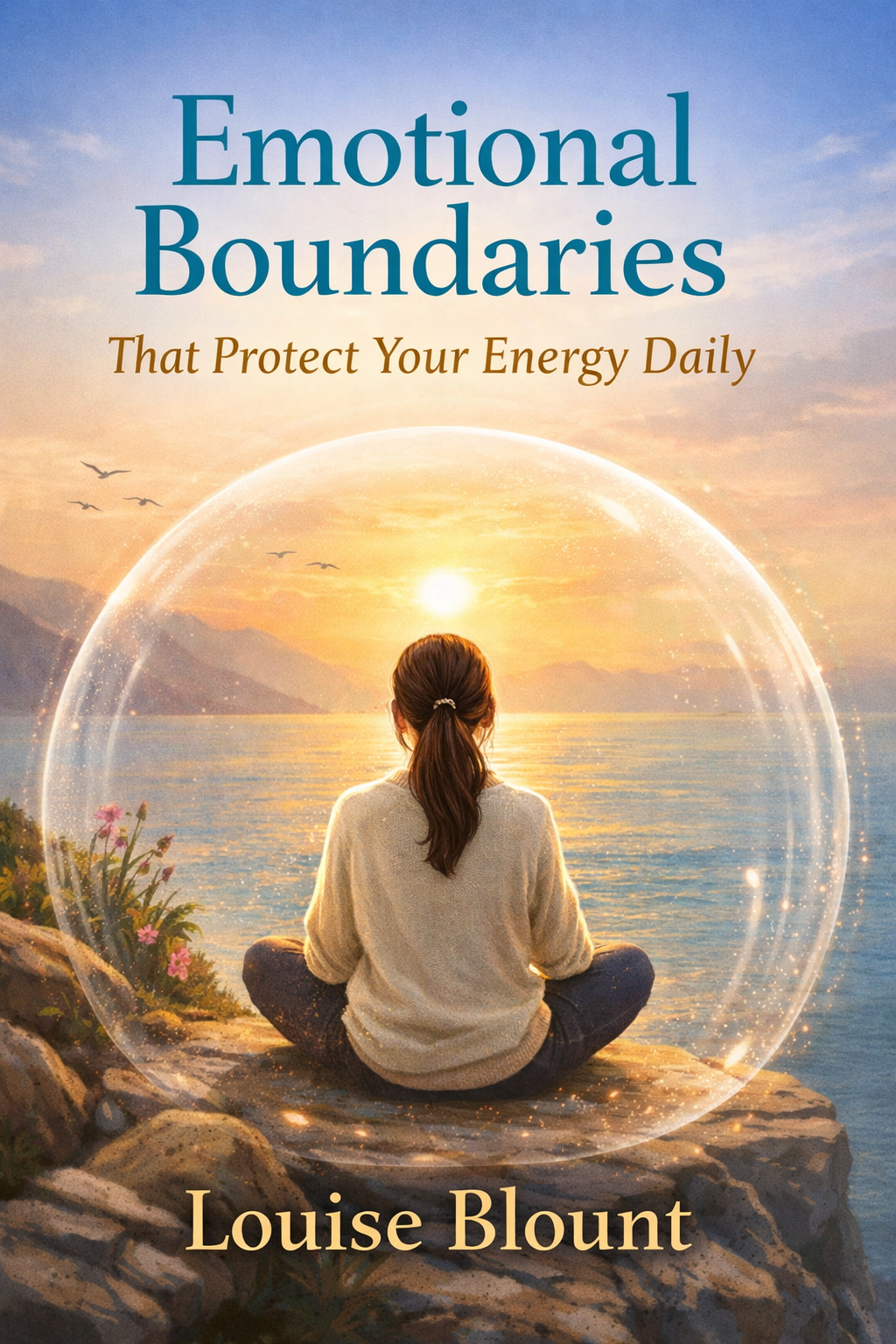 A peaceful self-help book cover showing a woman sitting cross-legged on a cliff at sunset overlooking the ocean, surrounded by a glowing protective sphere, symbolizing emotional boundaries and inner calm.