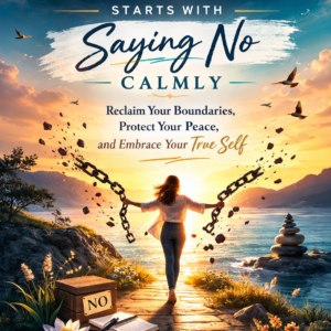 Book cover titled “Emotional Independence Starts with Saying No Calmly” by Louise Blount, featuring a woman breaking chains at sunrise by the ocean symbolizing personal growth and boundary setting.