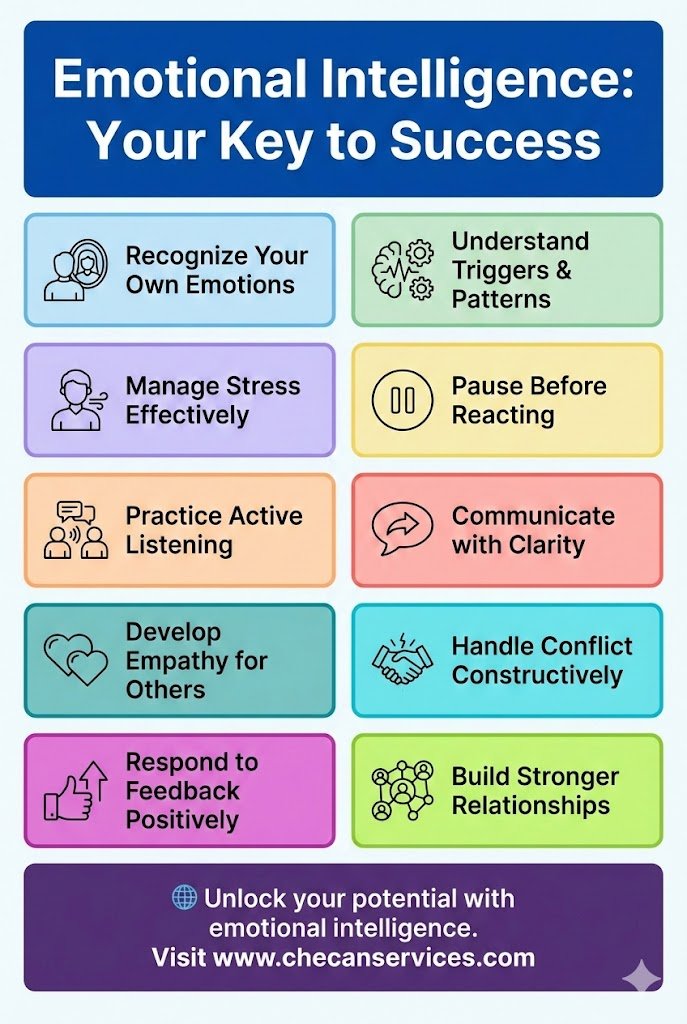 Infographic titled “Emotional Intelligence: Your Key to Success” highlighting skills such as recognizing emotions, managing stress, active listening, empathy, clear communication, and handling conflict constructively.