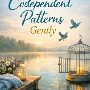 A serene lake at sunrise with soft golden light reflecting on calm water. An open birdcage with a glowing candle floats beside a wooden dock decorated with wildflowers and a lantern. Two birds fly freely above. The book title “Practical Ways to End Codependent Patterns Gently” appears in elegant lettering, with the author name Louise Blount at the bottom.