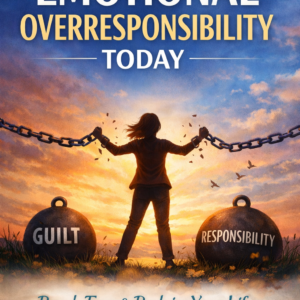 Book cover for End the Cycle of Emotional Overresponsibility Today by Louise Blount, featuring a woman breaking chains at sunset between heavy weights labeled “Guilt” and “Responsibility,” symbolizing emotional freedom and empowerment.