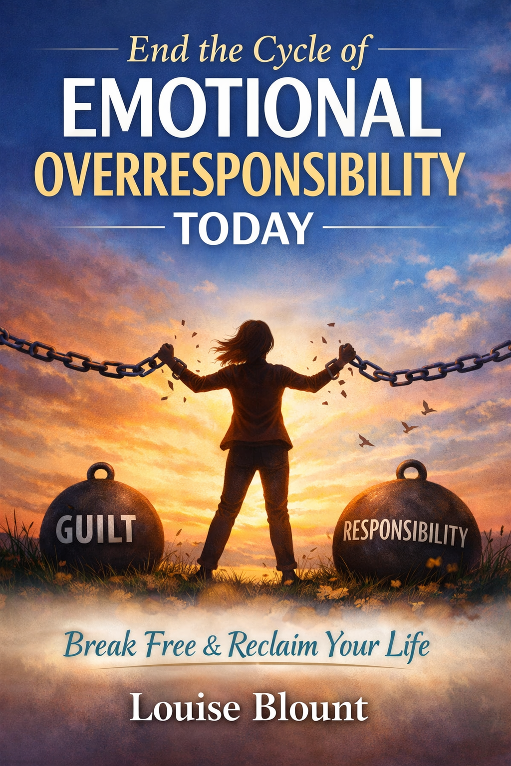 Book cover for End the Cycle of Emotional Overresponsibility Today by Louise Blount, featuring a woman breaking chains at sunset between heavy weights labeled “Guilt” and “Responsibility,” symbolizing emotional freedom and empowerment.