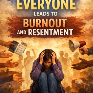 A distressed woman sits on the ground holding her head while multiple hands reach toward her with demands, under the bold title “Why Fixing Everyone Leads to Burnout and Resentment” by Louise Blount.