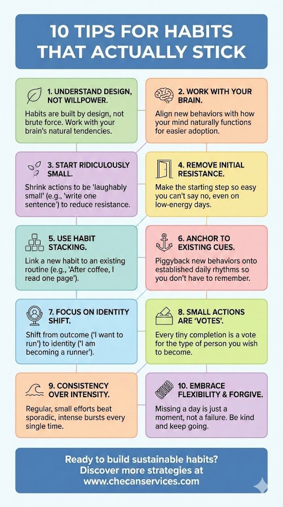 Infographic titled “10 Tips for Habits That Actually Stick” featuring practical habit-building strategies like starting small, habit stacking, consistency, and flexibility.