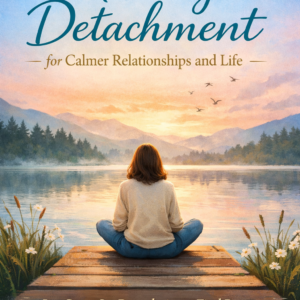 A peaceful book cover showing a woman sitting cross-legged on a wooden dock facing a calm lake at sunrise, surrounded by mountains and birds, with the title Healthy Detachment for Calmer Relationships and Life and the author name Louise Blount.