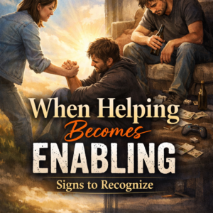A split-scene book cover showing the contrast between healthy help and enabling: on one side a woman lifts a struggling man toward the light, and on the other the same man sits in a dark messy room surrounded by alcohol and bills. Title reads When Helping Becomes Enabling: Signs to Recognize by Louise Blount.