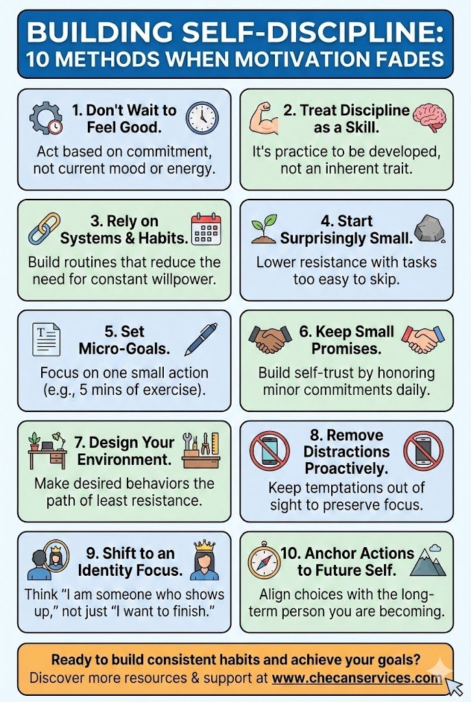 Infographic showing 10 strategies for building self-discipline, including treating discipline as a skill, setting micro-goals, designing your environment, and anchoring actions to your future self.