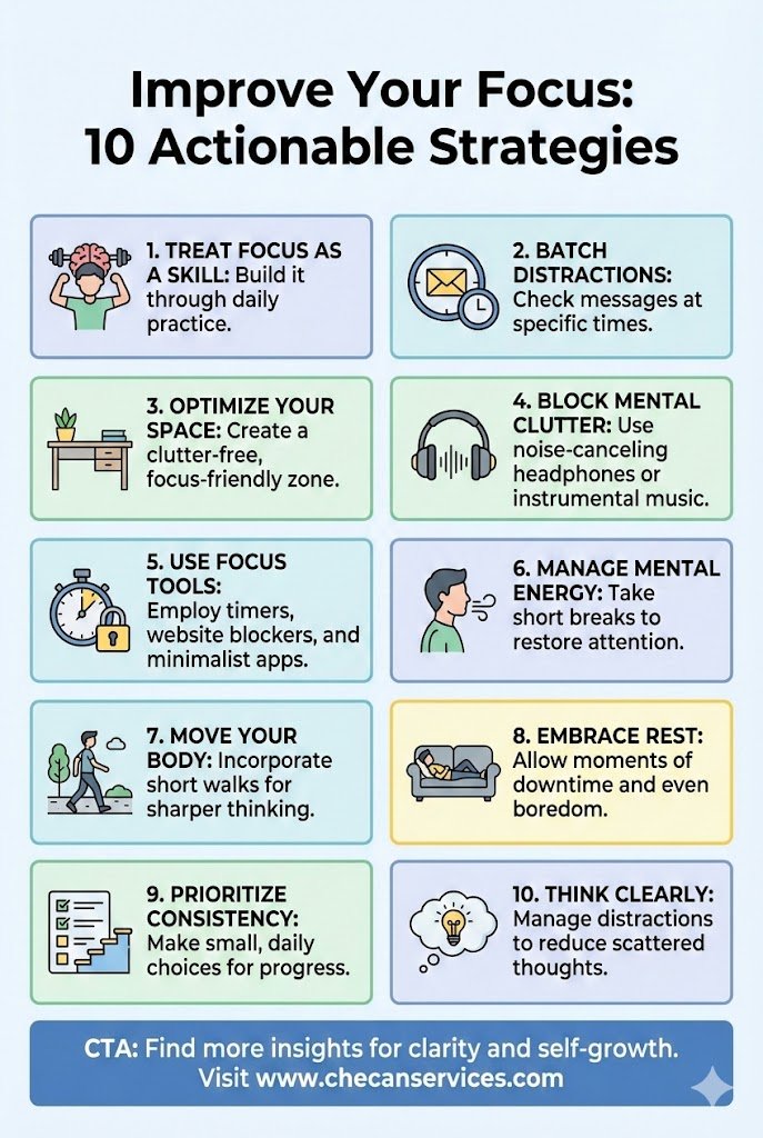 Infographic titled “Improve Your Focus: 10 Actionable Strategies” showing practical tips to reduce distractions, manage energy, and build daily focus habits.
