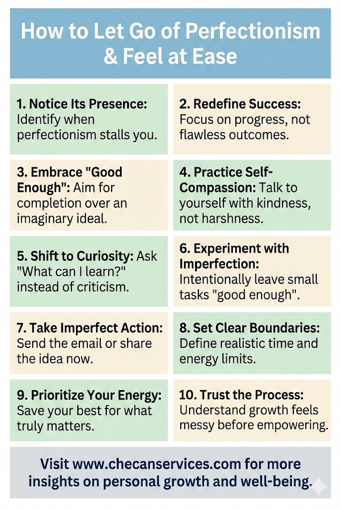 Infographic titled “How to Let Go of Perfectionism & Feel at Ease” with 10 practical tips for overcoming perfectionism, including self-compassion, embracing good enough, and taking imperfect action.