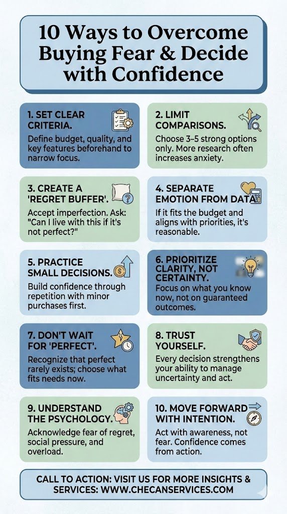 Infographic titled “10 Ways to Overcome Buying Fear & Decide with Confidence” listing practical decision-making tips such as setting criteria, limiting comparisons, trusting yourself, and moving forward with intention.