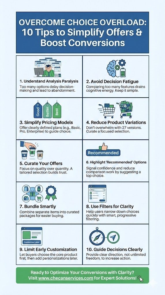 Infographic titled “Overcome Choice Overload: 10 Tips to Simplify Offers & Boost Conversions” featuring strategies like simplifying pricing, reducing product variations, bundling, highlighting recommended options, and guiding decisions clearly.