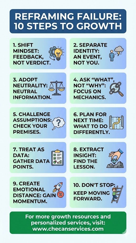 Infographic titled “Reframing Failure: 10 Steps to Growth” outlining mindset shifts, data-driven reflection, and actionable lessons for personal and professional growth.
