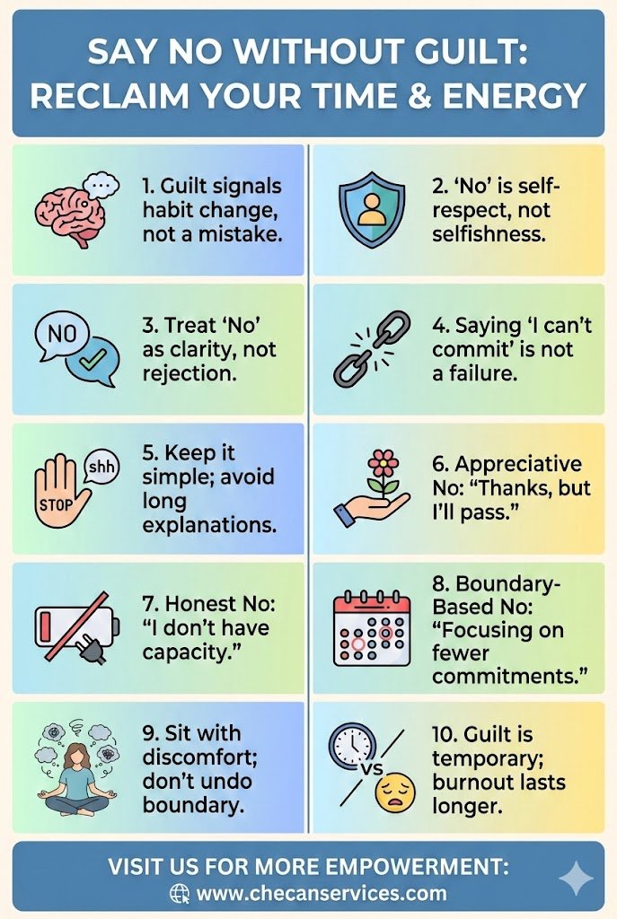 Infographic titled “Say No Without Guilt” showing 10 tips for setting boundaries, managing guilt, and reclaiming time and energy, with icons and pastel background.