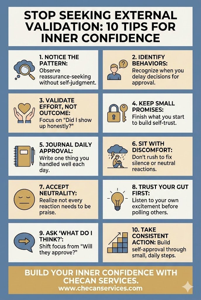 Infographic titled “Stop Seeking External Validation: 10 Tips for Inner Confidence” presenting practical steps to build self-trust, reduce approval-seeking, and develop inner confidence.