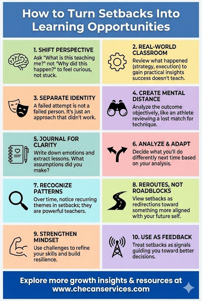 Infographic titled “How to Turn Setbacks Into Learning Opportunities” outlining 10 strategies for growth mindset, reflection, resilience, and adapting after failure.